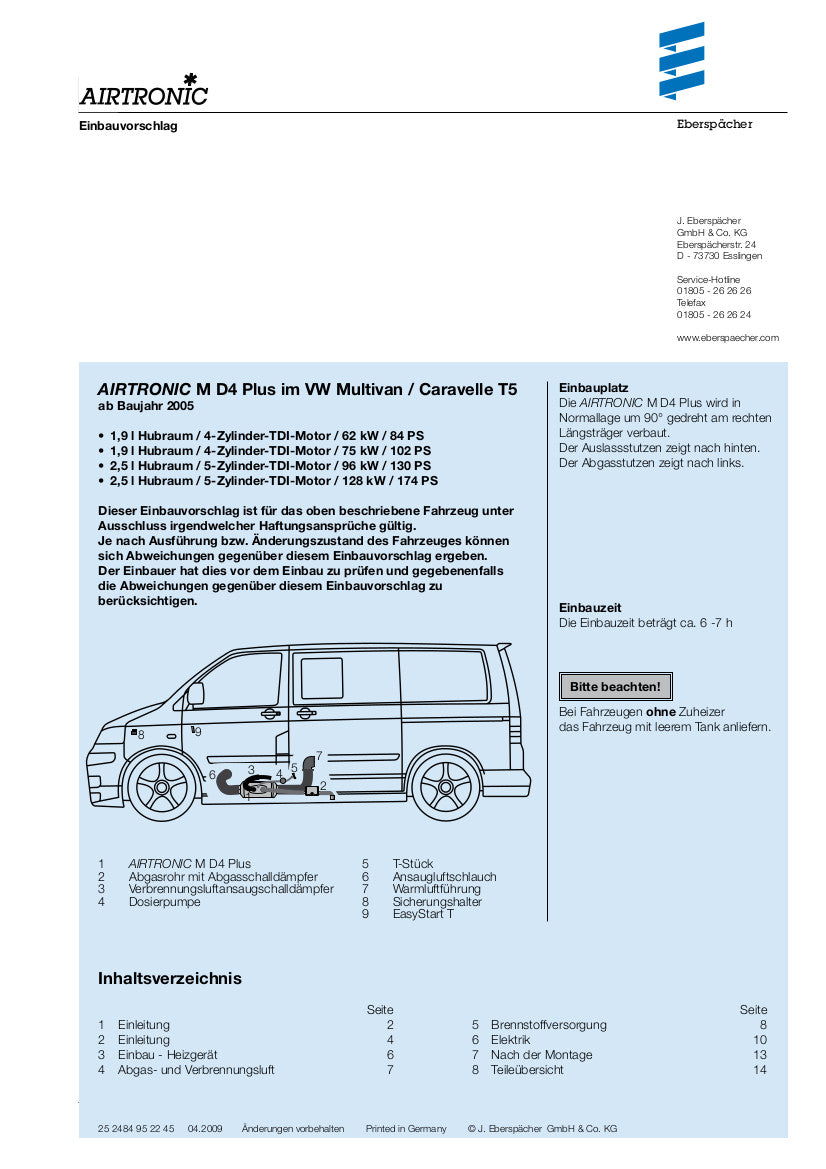 Eberspächer fahrzeugspezifischer Einbausatz VW T5 für Luftheizung 248402000000